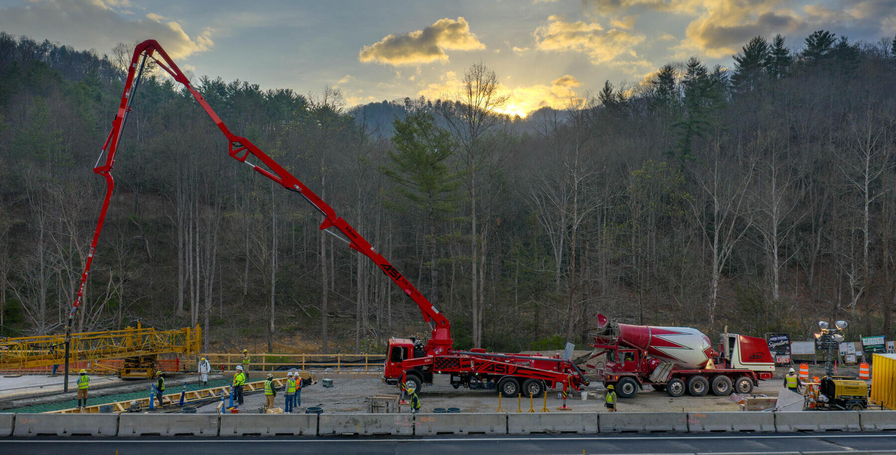 ASI mixers and pump truck placing concrete on the I-40 Gorge rebuild
